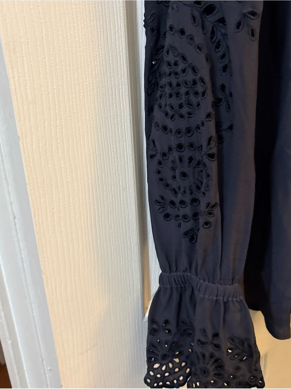 Navy Pintuck V-Neck Tunic with Lace Cuffs - Picture 3 of 5